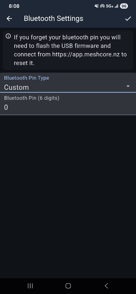 Screenshot of Meshcore app Bluetooth Settings screen