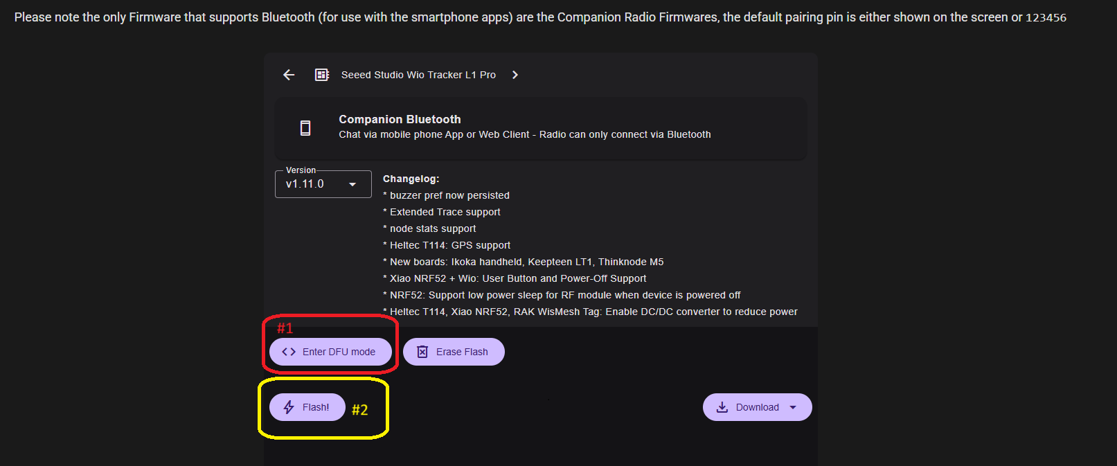 Screenshot of Companion Bluetooth flashing options, highlighting DFU mode, Erase, and Flash buttons