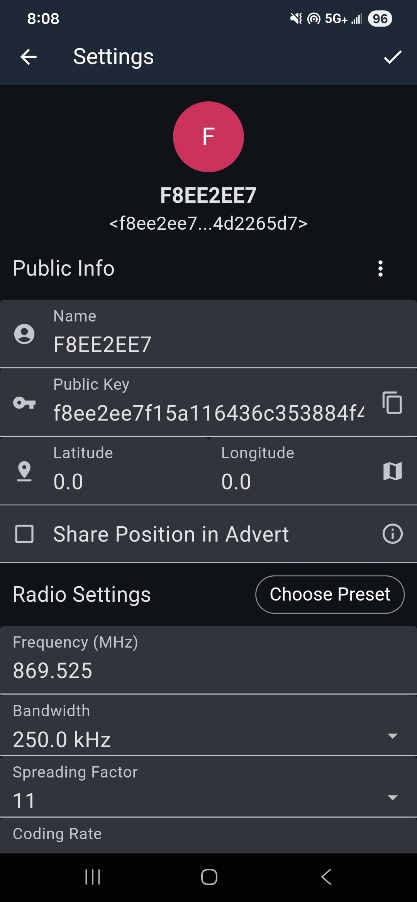 Screenshot of Meshcore app Settings screen with Public Info and Radio Settings