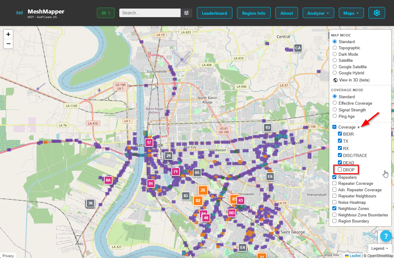 Screenshot of meshmapper website layers submenu