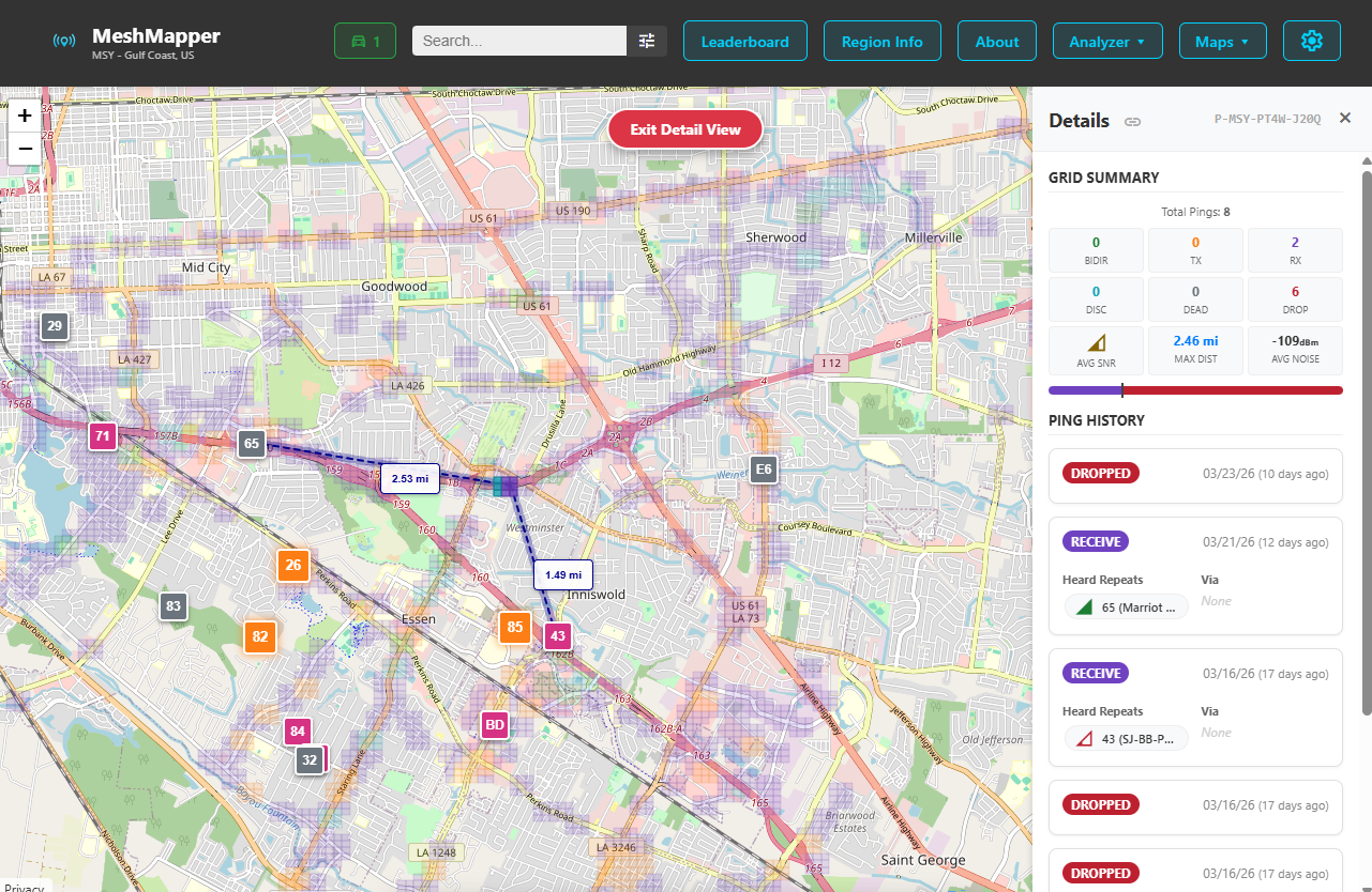 Screenshot of meshmapper website ping detail
