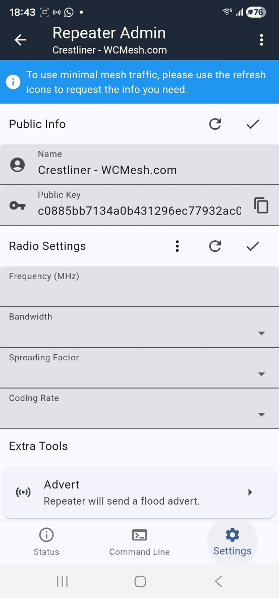 Screenshot of Repeater Admin Settings screen showing Advert option