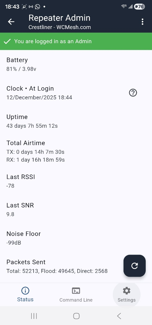 Screenshot of Repeater Admin Status page