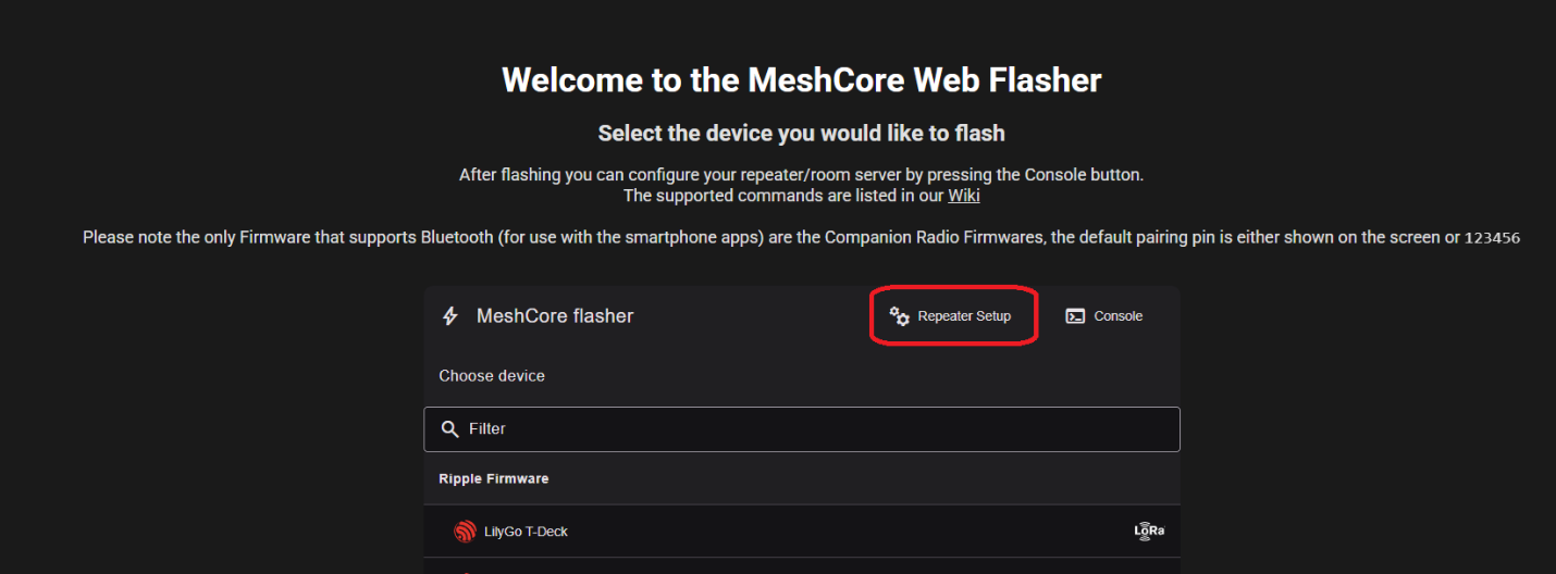 Screenshot of MeshCore Web Flasher main page showing Repeater Setup button